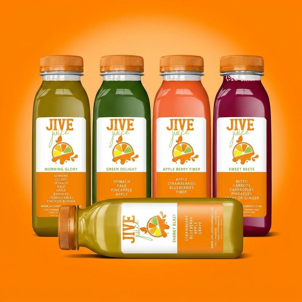 JIVE Juice five cold-pressed bottles lineup on orange